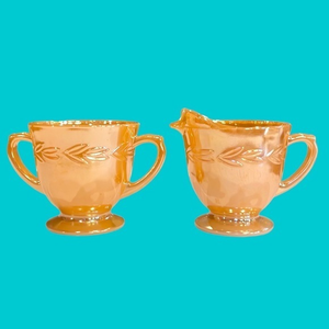 FIRE KING‎ 2 pc Set Vtg Creamer and Sugar Bowl Peach Luster Laurel Leaf 1950s